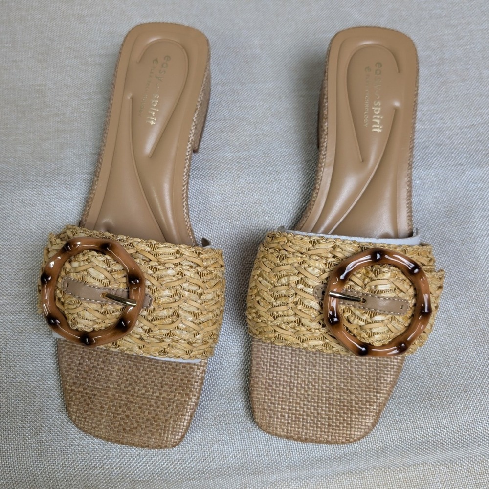 Easy Spirit Gatlin2 Slide Sandals Womens 8W Natural Tan NIB Woven Buckle Mules